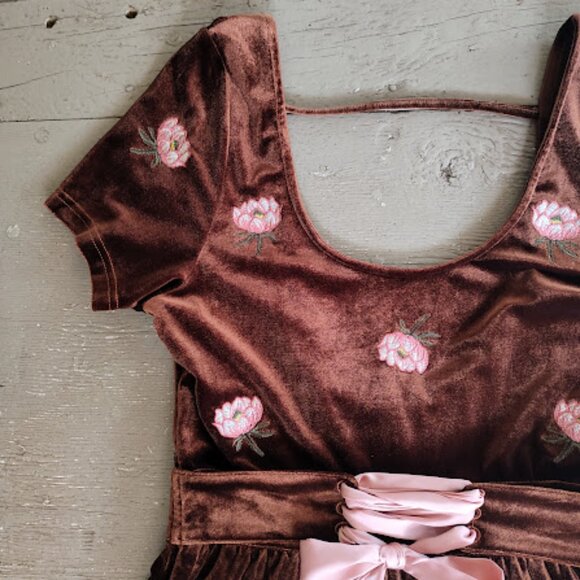 HONEY BELLE | Copper Brown Velvet Floral Fit And Flare Scoop Neck Corset Dress L - Picture 15 of 16